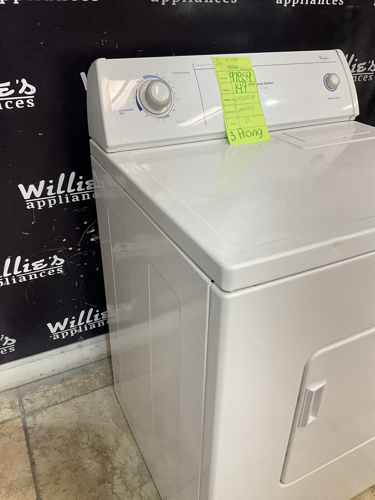 Whirlpool Used Electric Dryer 220volts (30 AMP) 27inches {3 prong} (White) 
