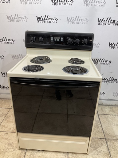 [97279] Amana Used Electric Stove 220volts(40/50 AMP) 30inches {3 prong} (Bisque/Black) 