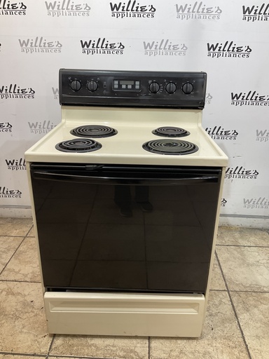 [103859] Amana Used Electric Stove 220volts (40/50 AMP) 30inches {3 prong} (Bisque/Black) 